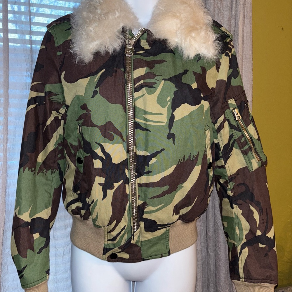 Size XXS - $795 RAG & BONE Bomber Flight Shearling Trimmed Collar Camo Jacket - Picture 8 of 9